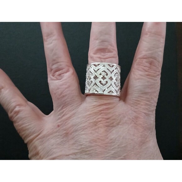 Jewelry - 925 Sterling Silver Tall Cuff Style Cigar Band Heart Ring Open Filigree Boho